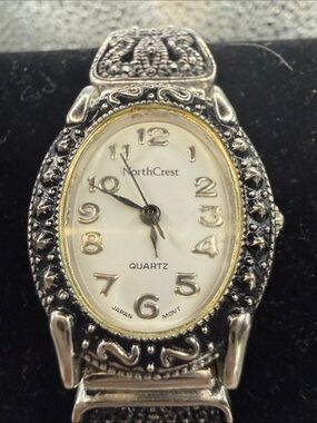 Northcrest Silver and Gold Accent Oval Marcasite Bracelet Watch